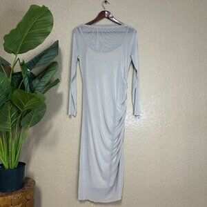 Miou Muse Womens Mesh Ruched Iridescent Midi Dress Beige Size Medium NWT